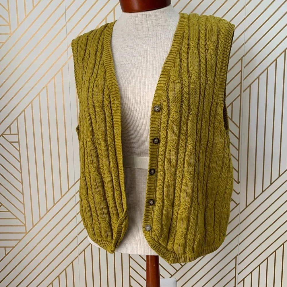 Vintage Karen Scott Fairy Core Forest Nymph Cable knit Sweater Vest Chartreuse L - Picture 2 of 11